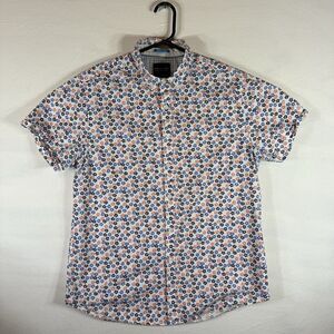 Denim & Flower Ricky Singh Button Up Shirt Men’s Medium Blue Orange Black Floral